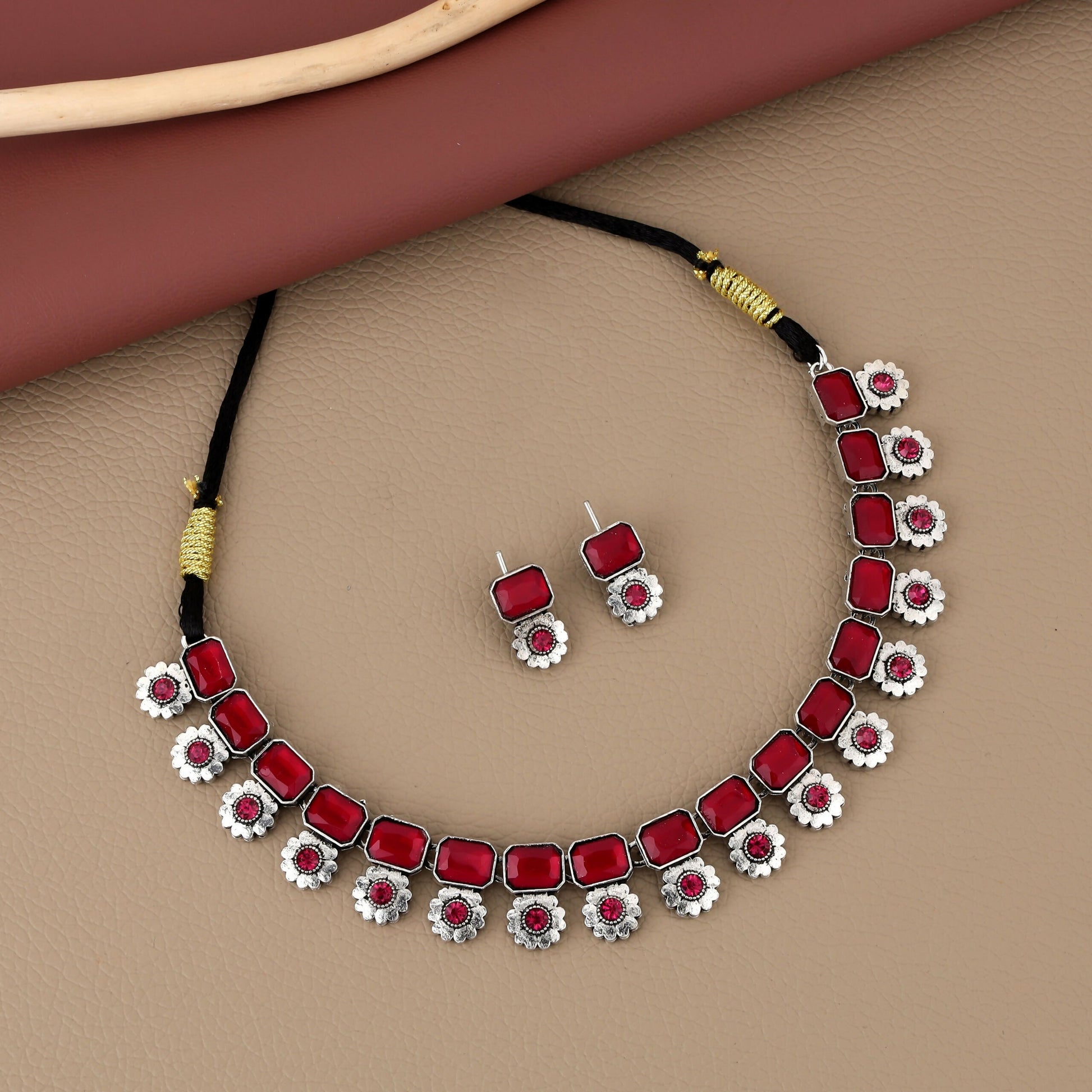 Vintage Silver-Toned Choker Set with Ruby Pink Stones
