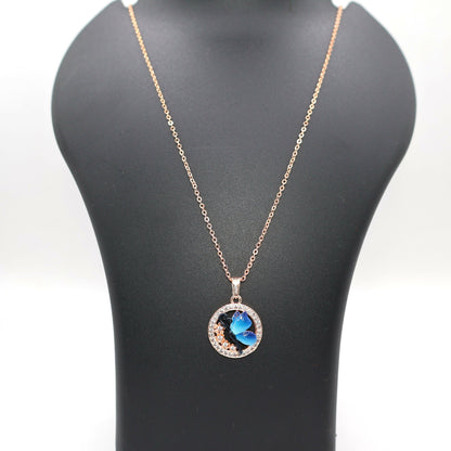Stylish blue butterfly pendant necklace with rose gold plating on delicate chain