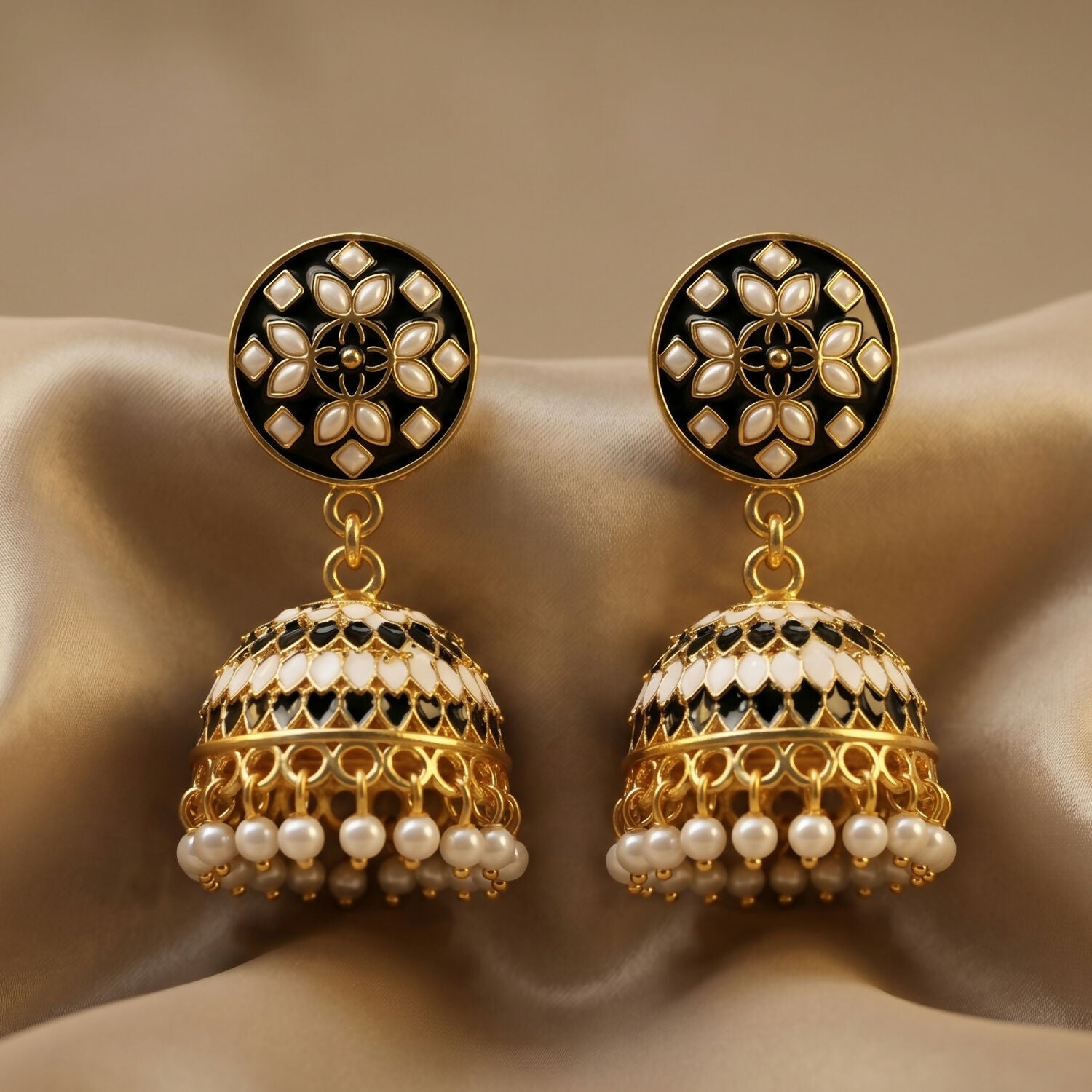 Black Round Stud Jhumka Earrings with Pearl Beads for Women