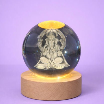 3D Crystal Ganesh Night Lamp with Wooden Base, USB Powered Decorative Light