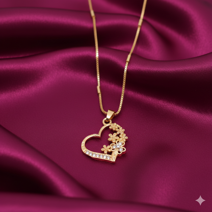 Gold-Plated AD Heart & Floral Pendant Necklace For women and girls
