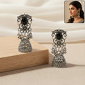 German Silver Jhumka Earrings – Elegant Black Monalisa Stones