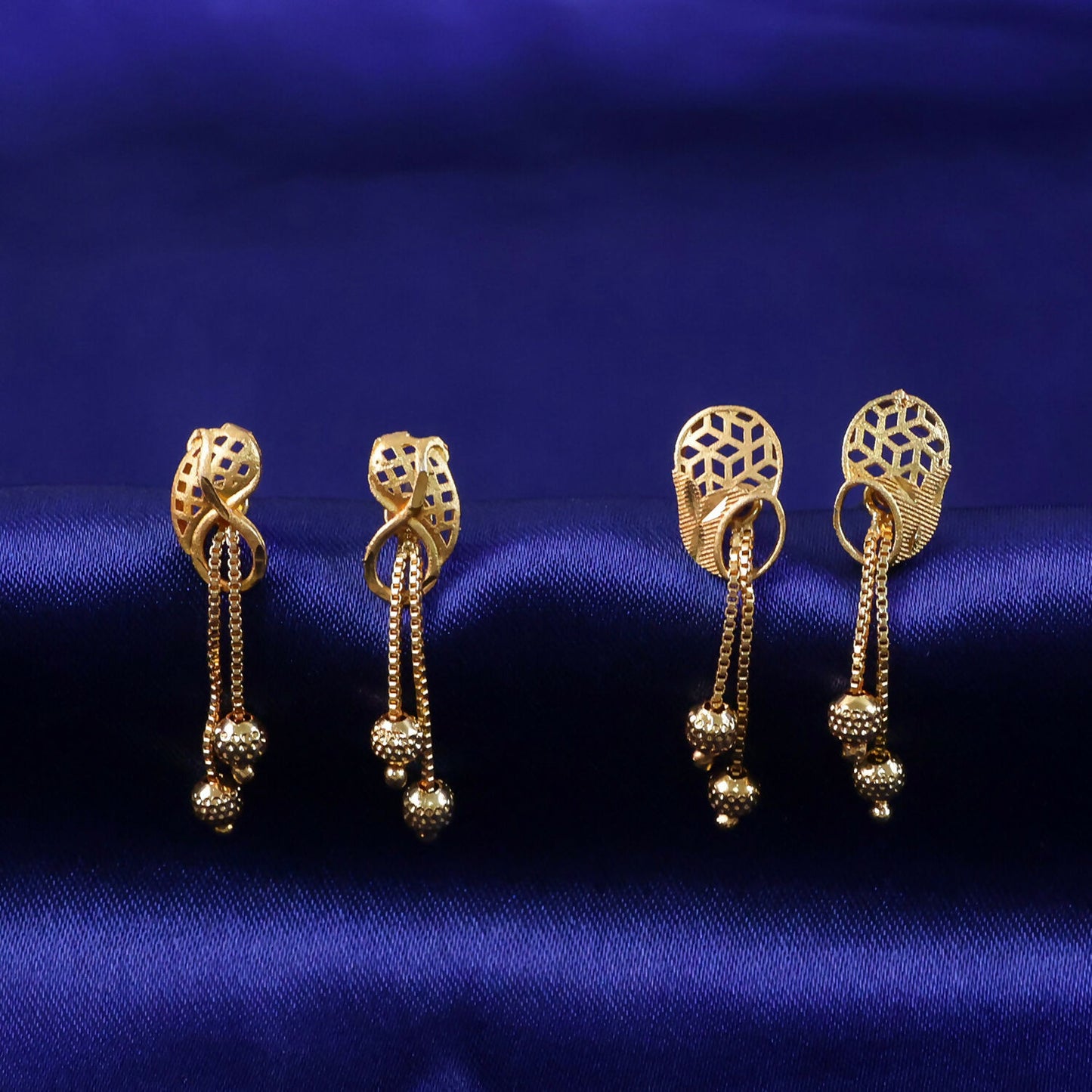 Vintage Inspired Geometric Gold Drop Earrings with Triple Bead Chain Drops (2 Pair)