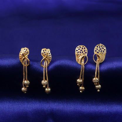 Vintage Inspired Geometric Gold Drop Earrings with Triple Bead Chain Drops (2 Pair)