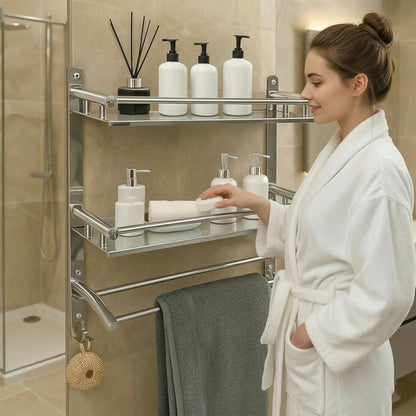 Multipurpose Wall Mounted Bathroom Shelf Organizer with Towel Bar and Storage Rack