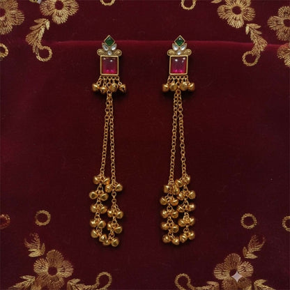 Pink Stone Kashmiri Long Chain Ghungroo Earrings.