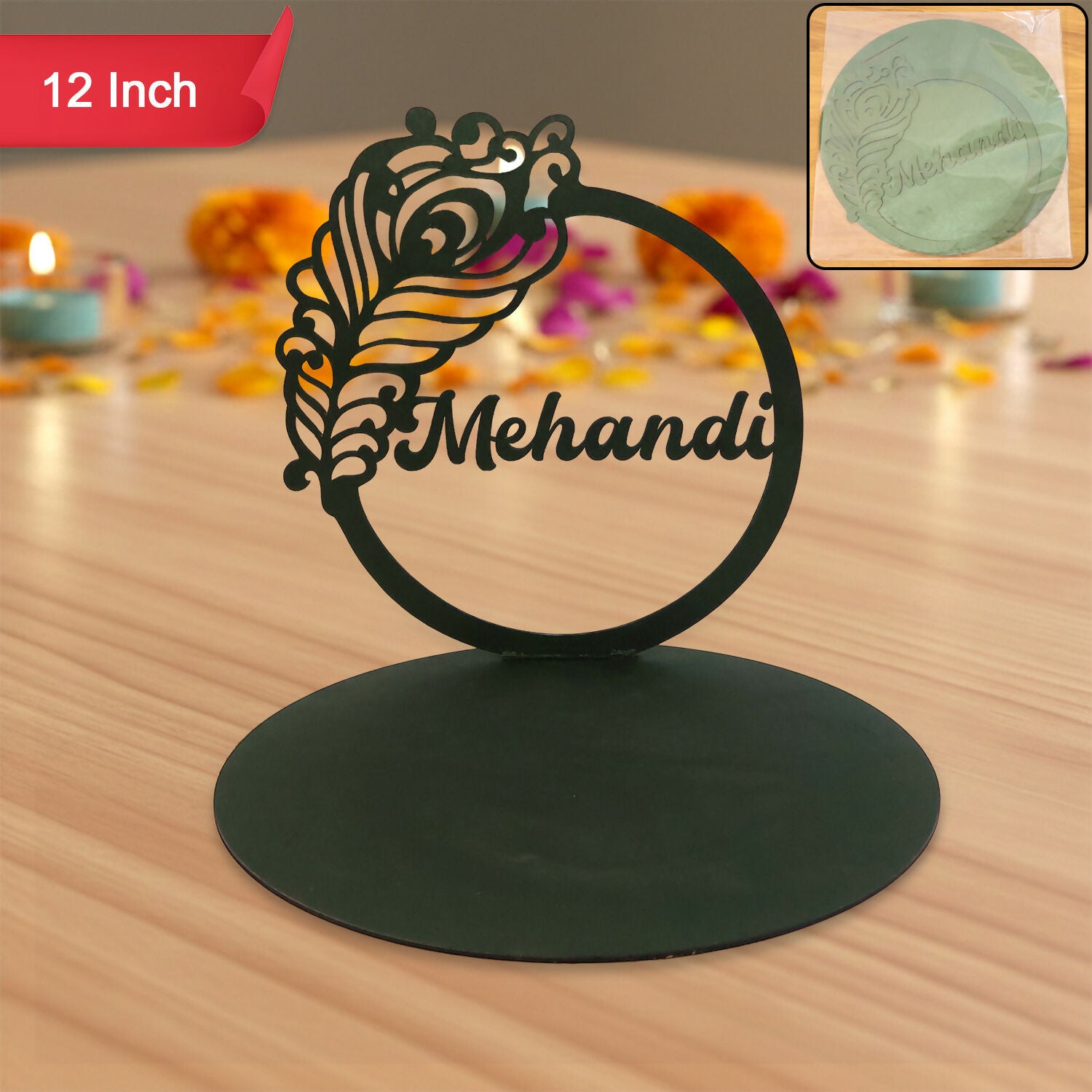 Mehendi Ceremony Tabletop Sign with Peacock Motif Elegant Wedding Decor Accent