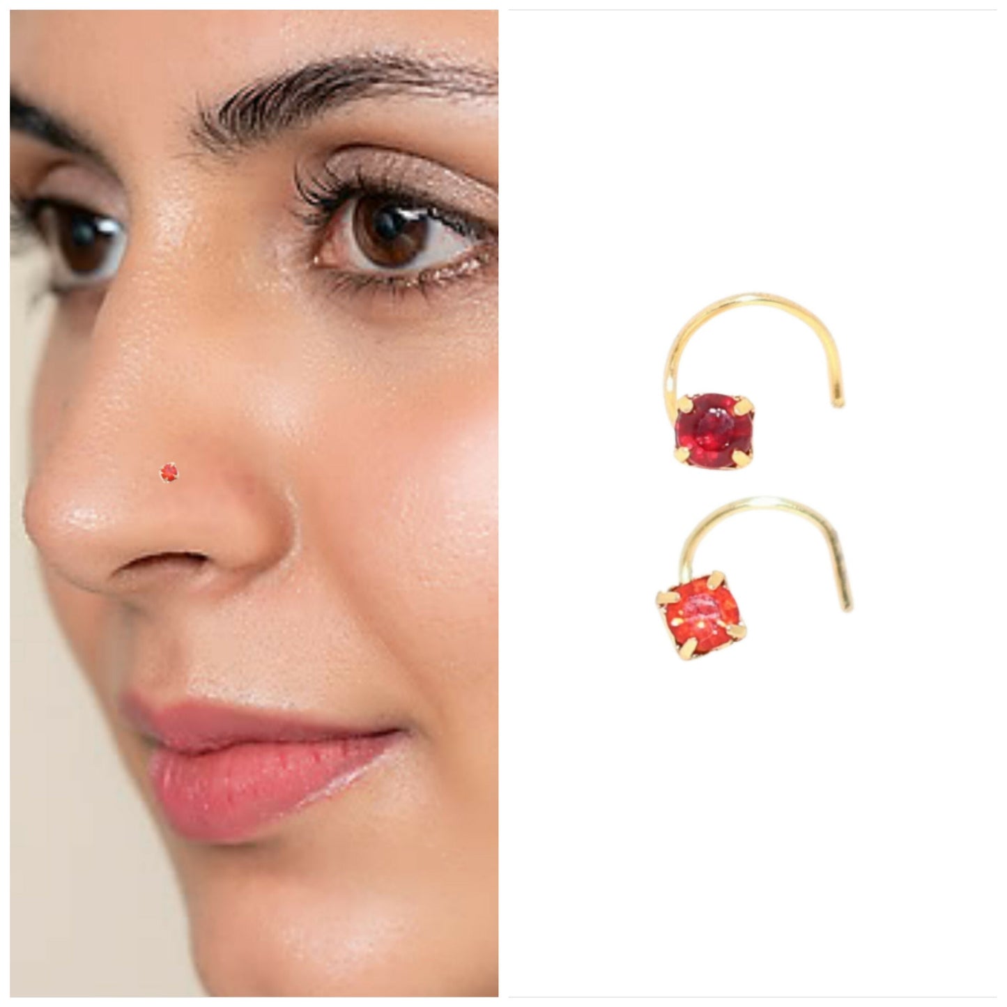 Close-up of gold plated nosepin featuring bright red ruby-style synthetic crystal.