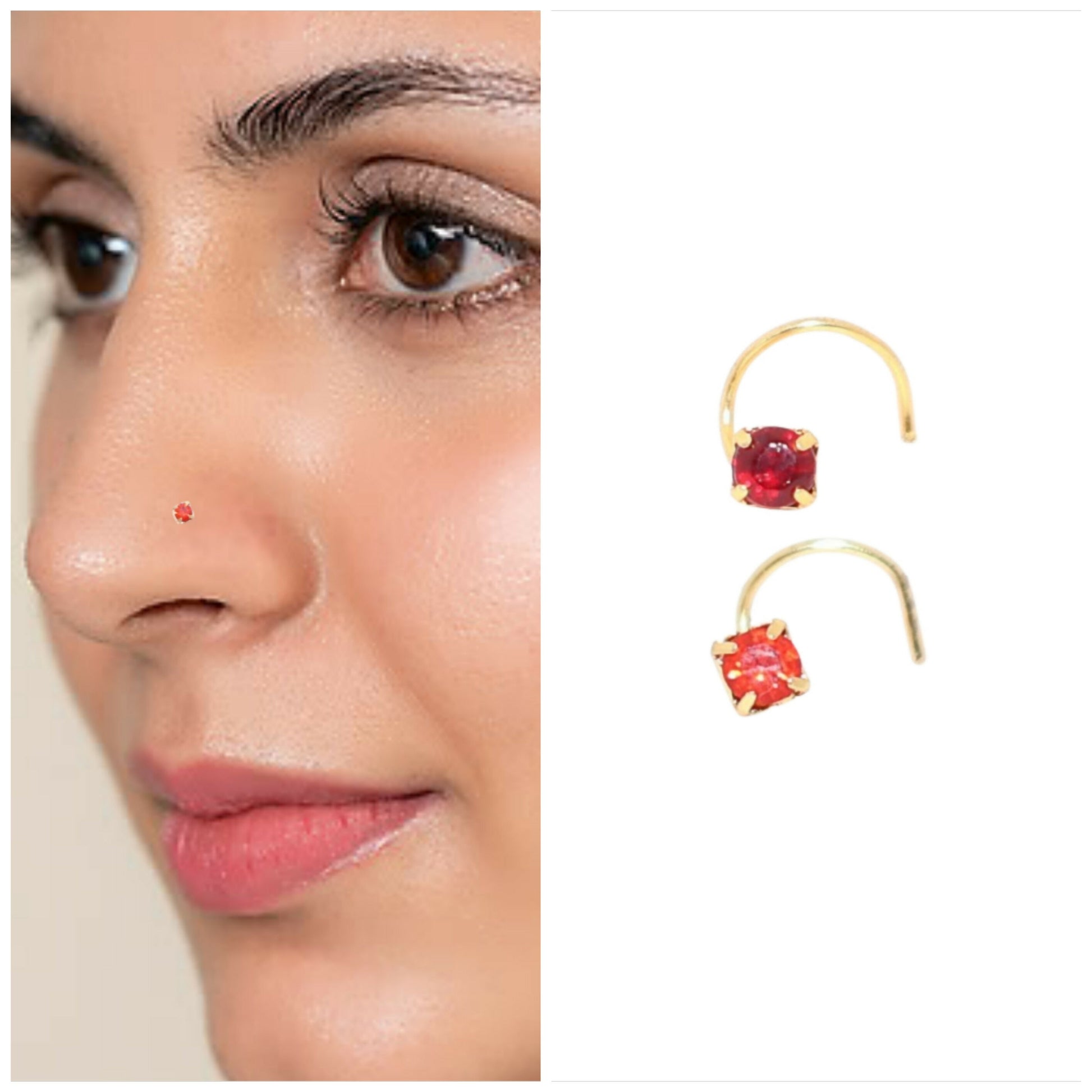 Close-up of gold plated nosepin featuring bright red ruby-style synthetic crystal.