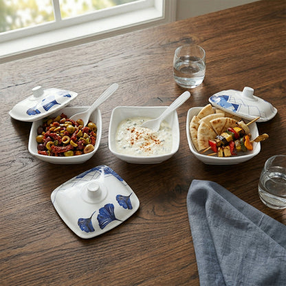 Serving bowls and ladles in Kalmia Prime melamine set