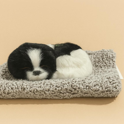 Premium Black & White Sleeping Puppy Dashboard Toy – Ultra-Soft Faux Fur Realistic Dog Figurine with Cozy Plush Knitted Bed, Cute Car Dashboard Decor Ornament, Home & Office Table Showpiece, Adorable Gift for Dog Lovers & Kids