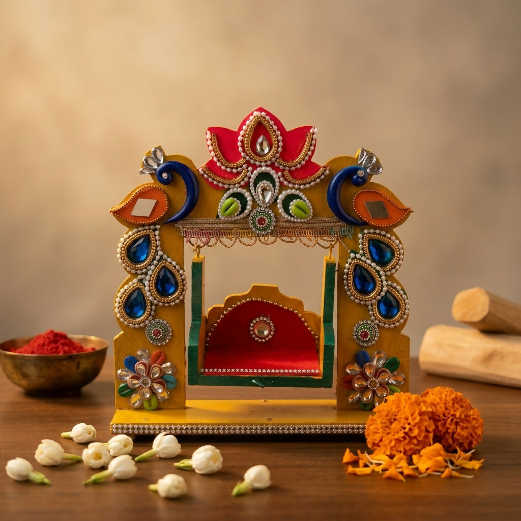 Close-up of decorative rhinestones and faux pearls on Jhula