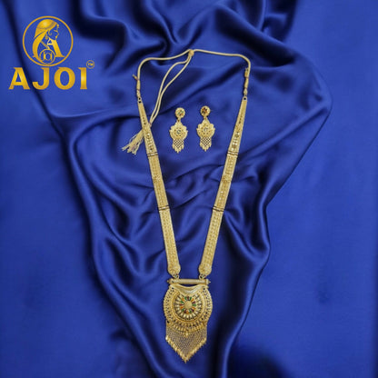 Elegant Royal Bloom Radiance long gold tone necklace paired with matching earrings