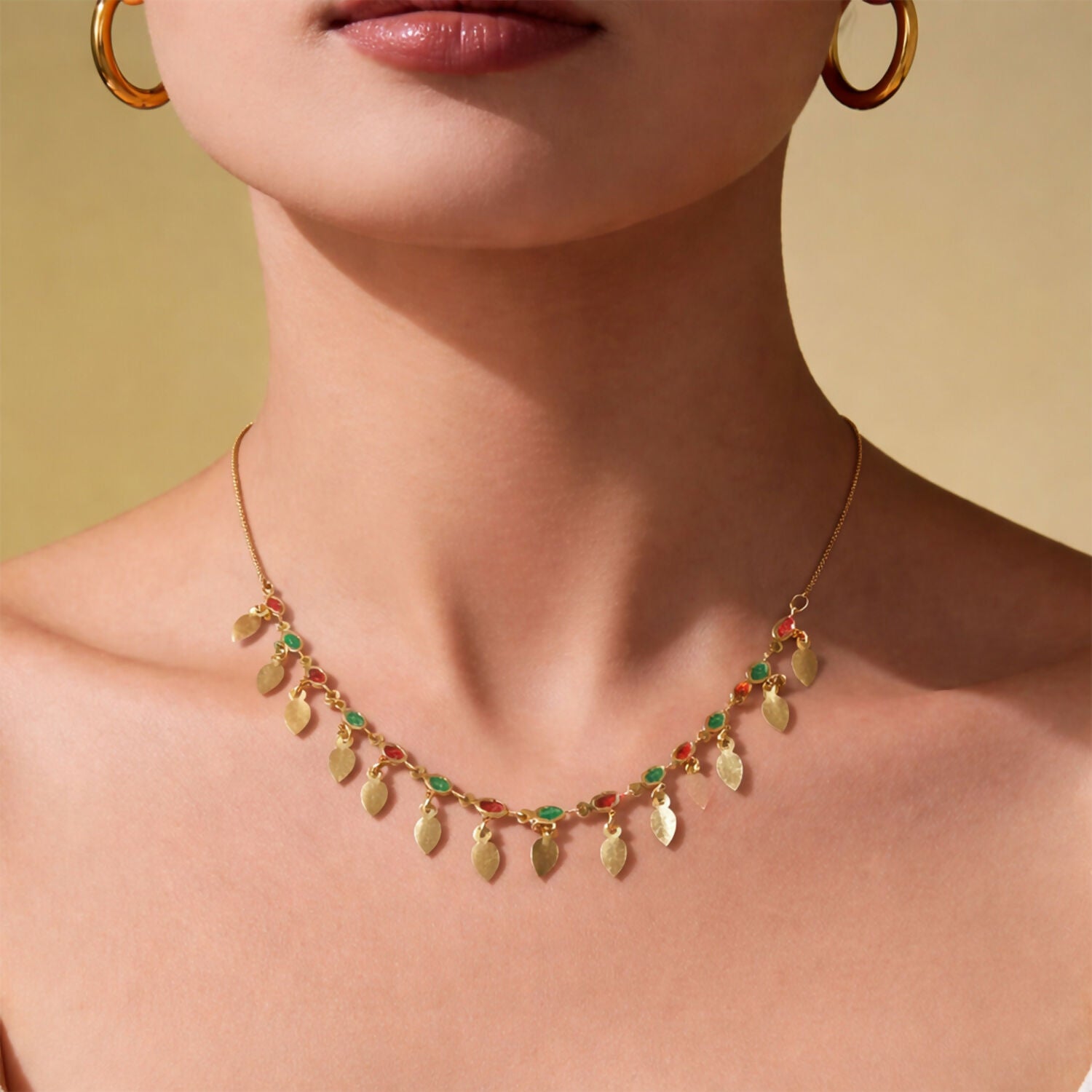 Gold Tone Leaf Charm Necklace with Multicolor Stones