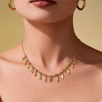 Gold Tone Leaf Charm Necklace with Multicolor Stones