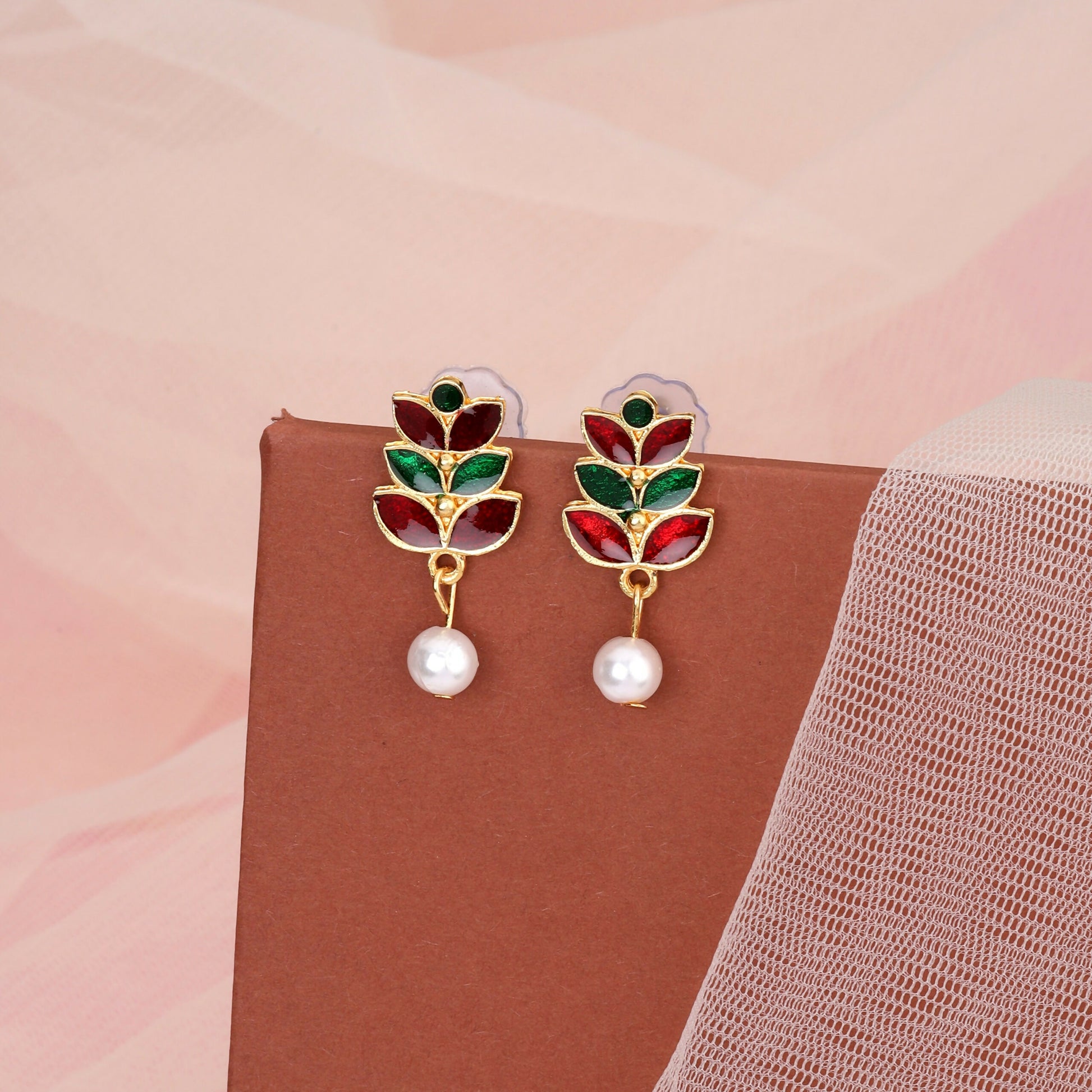 Rose Gold-Tone Bright Red & Green Enamel Lotus Choker Set