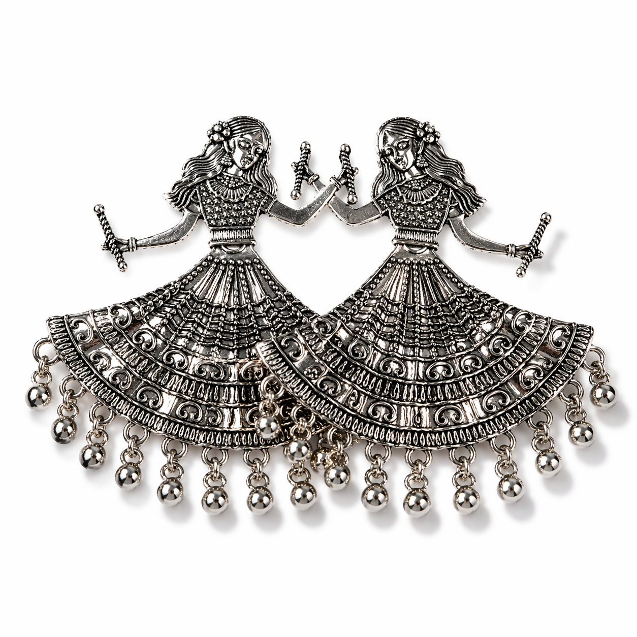 Traditional Indian earrings with detailed lehenga etching in oxidized silver