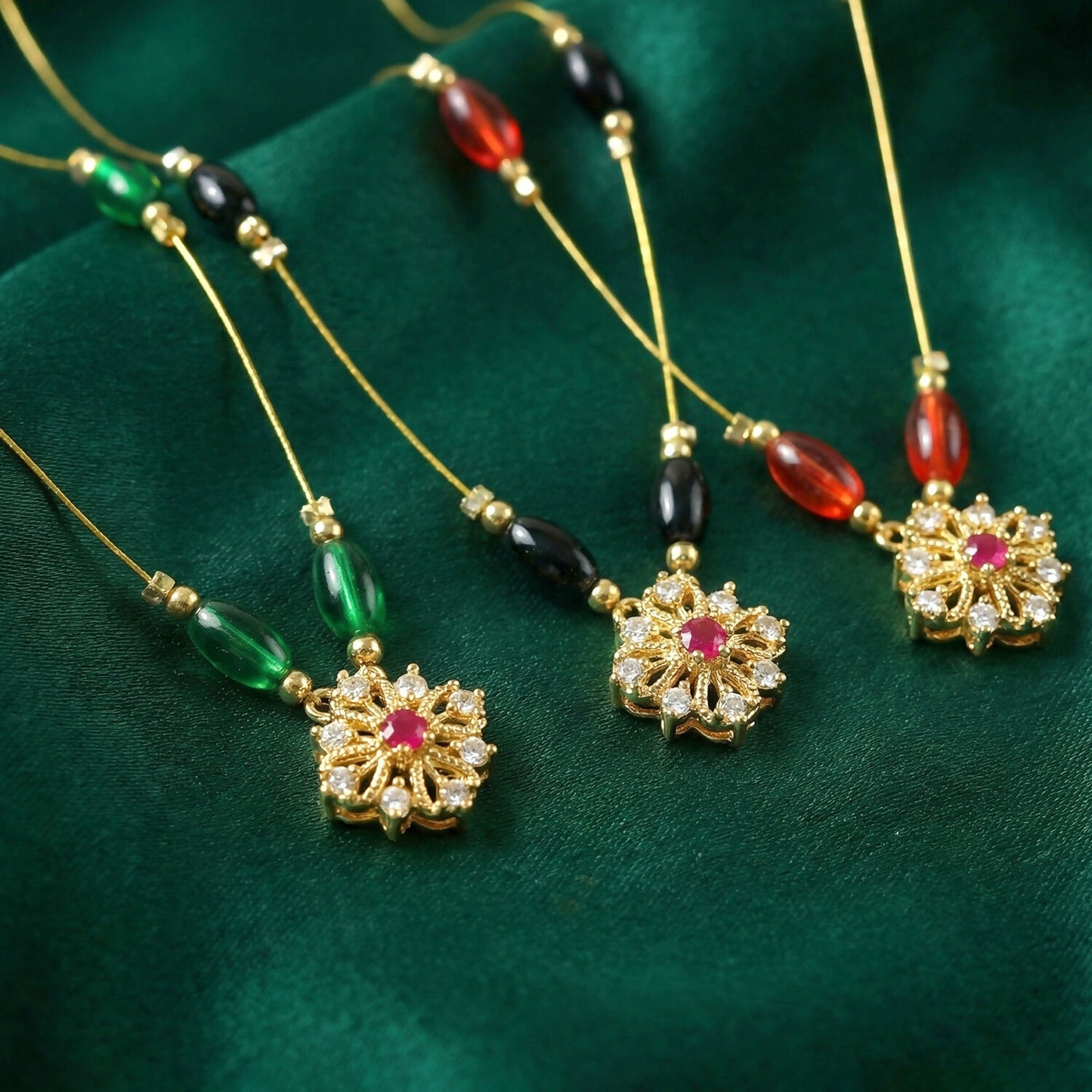 Classic Multicolor Bead Necklace with Floral Drop Pendant