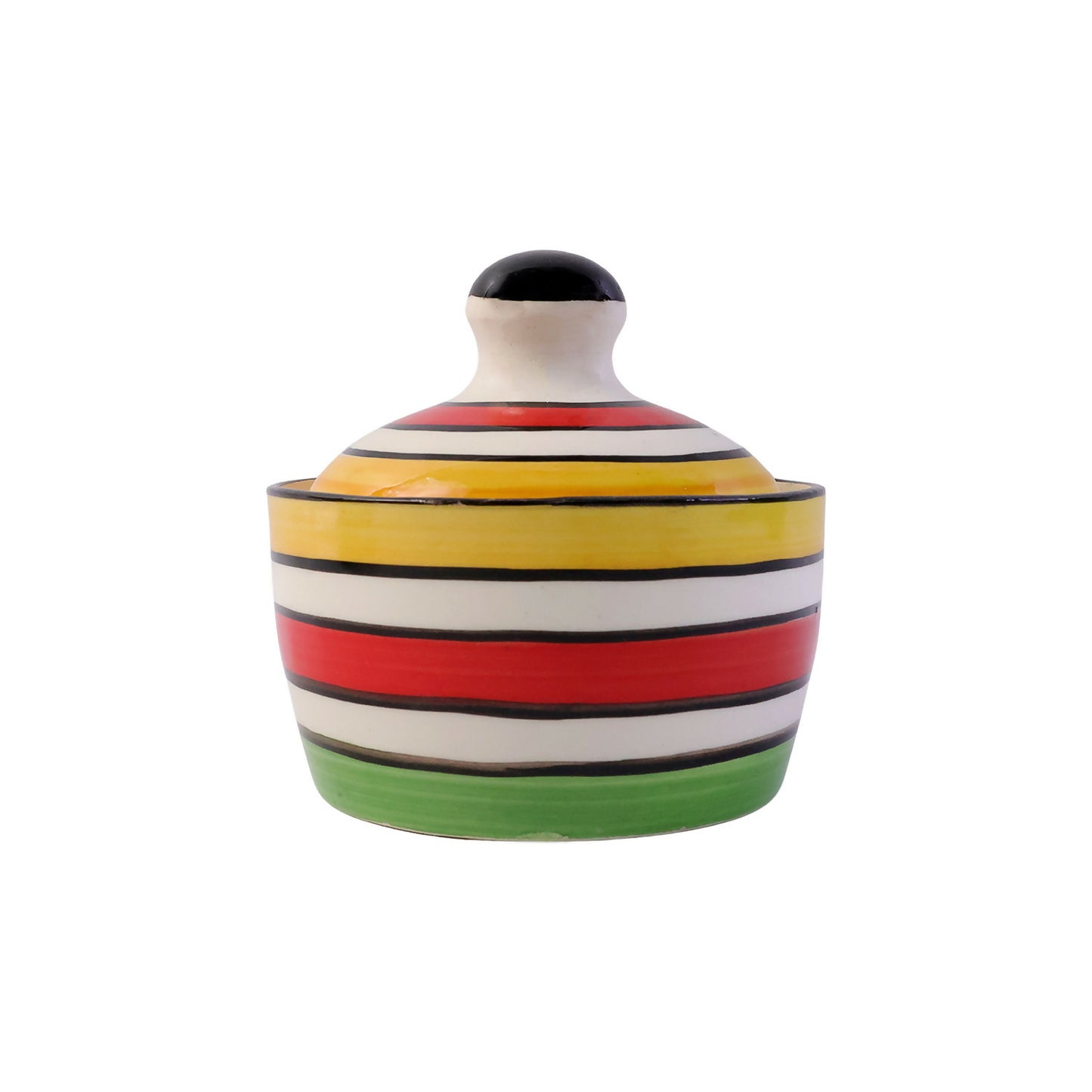 Butter pot alongside serving bowls for chutney and pickles