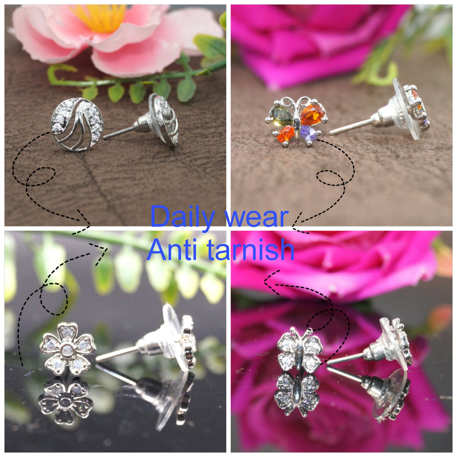 Close-up of sparkling silver butterfly stud earrings decorated with Cubic Zirconia stones
