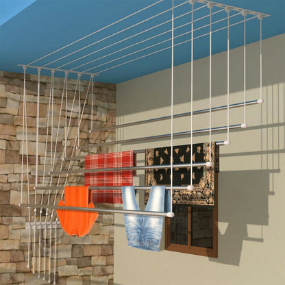 Space Saving Ceiling Mounted Cloth Drying Hanger with Pull Down Rope System for Balcony, Utility Area