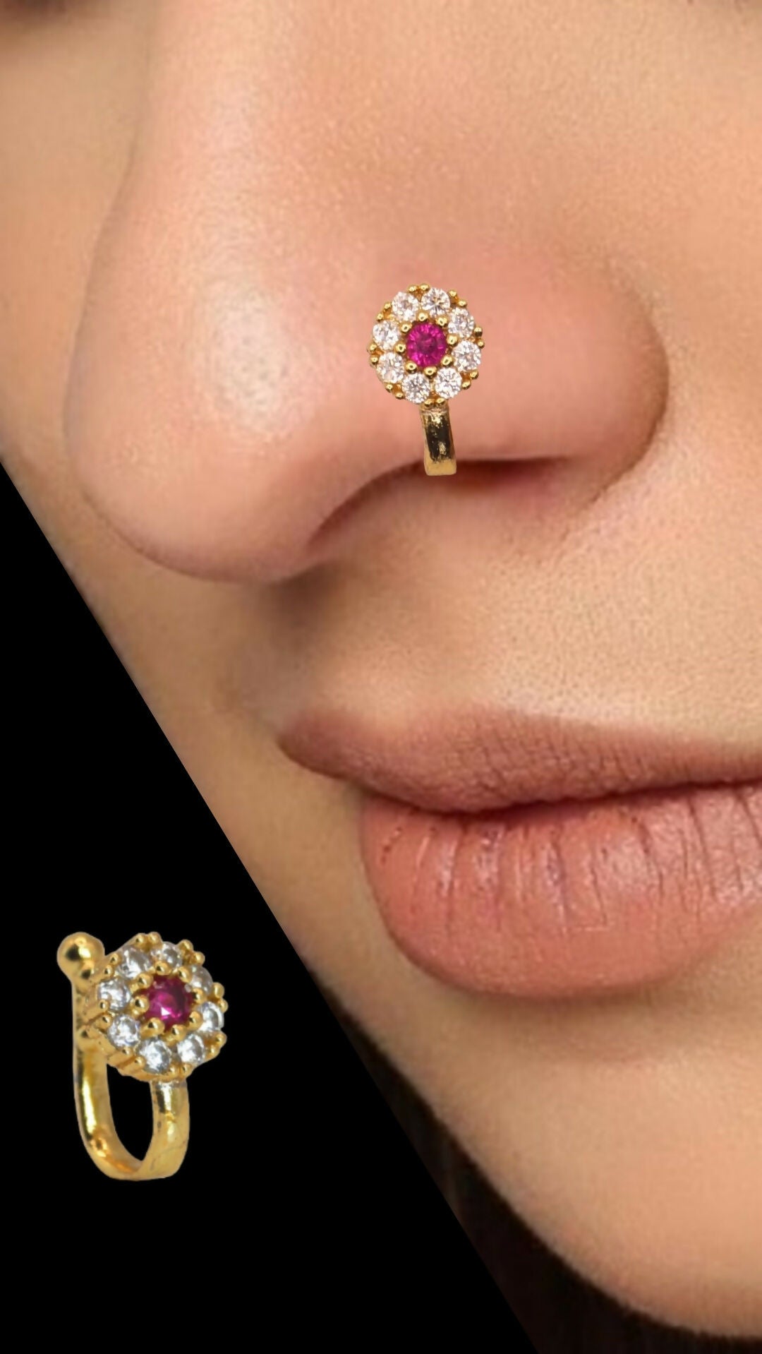 Gold Plated Floral Ruby Stone Nose Pin | Traditional Maharashtrian Nath for Women & Girls