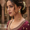 Traditional Kundan Gold Tone Long Chain Earrings with Hanging Beads Ethnic Design