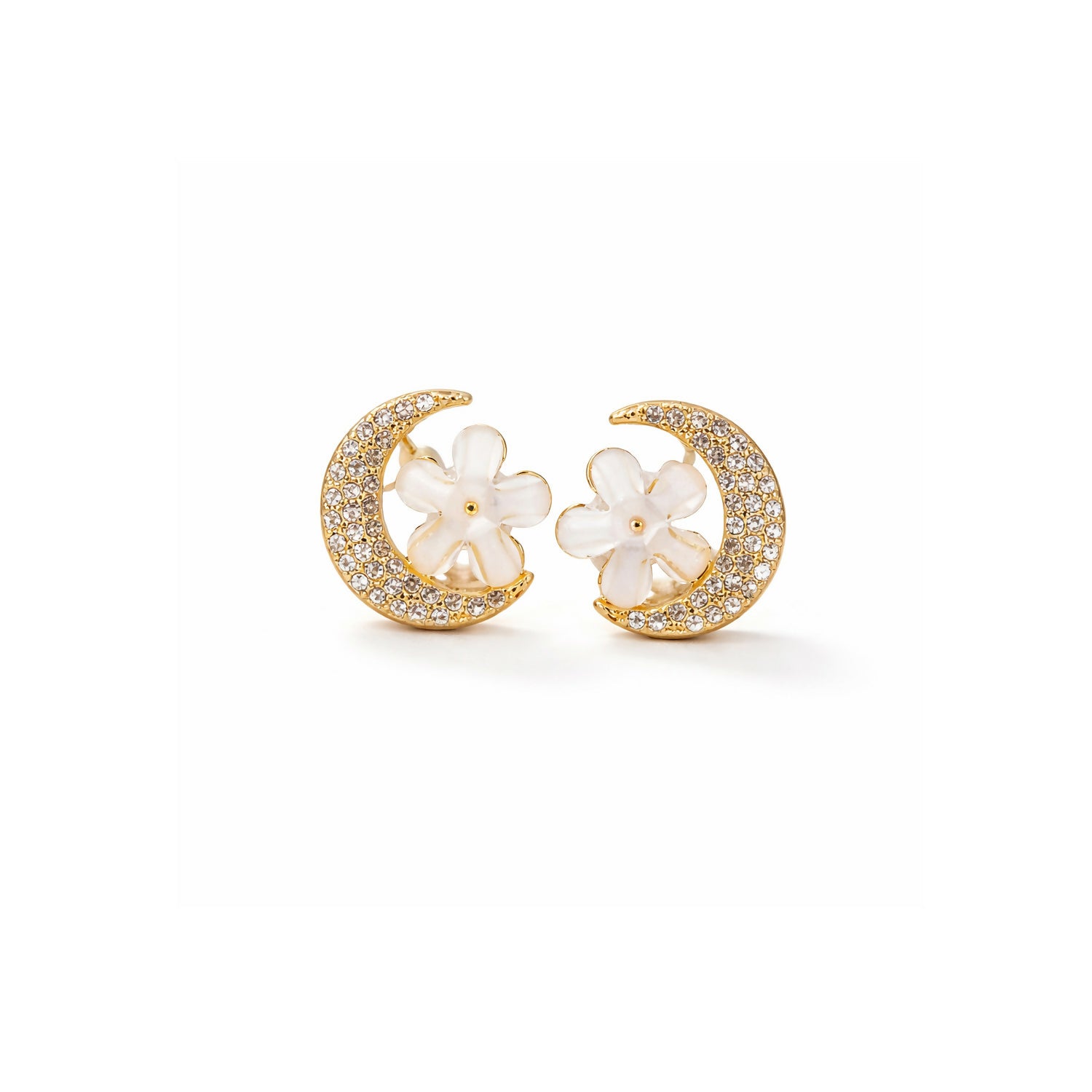 Side view of elegant gold moon and flower crystal earrings