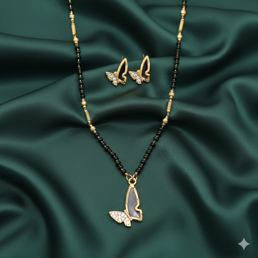 Butterfly Mangalsutra set featuring gold-plated pendant and black-beaded chain