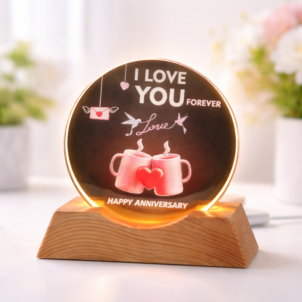 I Love You Forever LED Acrylic Lamp with Wooden Base | Anniversary Night Light