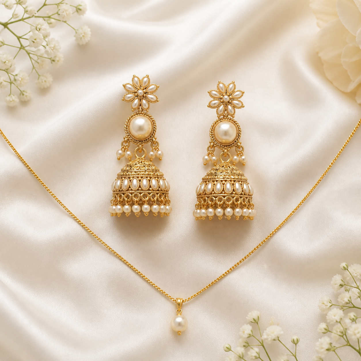 Oxidised Pearl Jhumka Earrings with Ruby & Black Stones