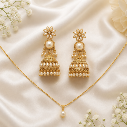 Front view of traditional oxidised pearl jhumka earrings