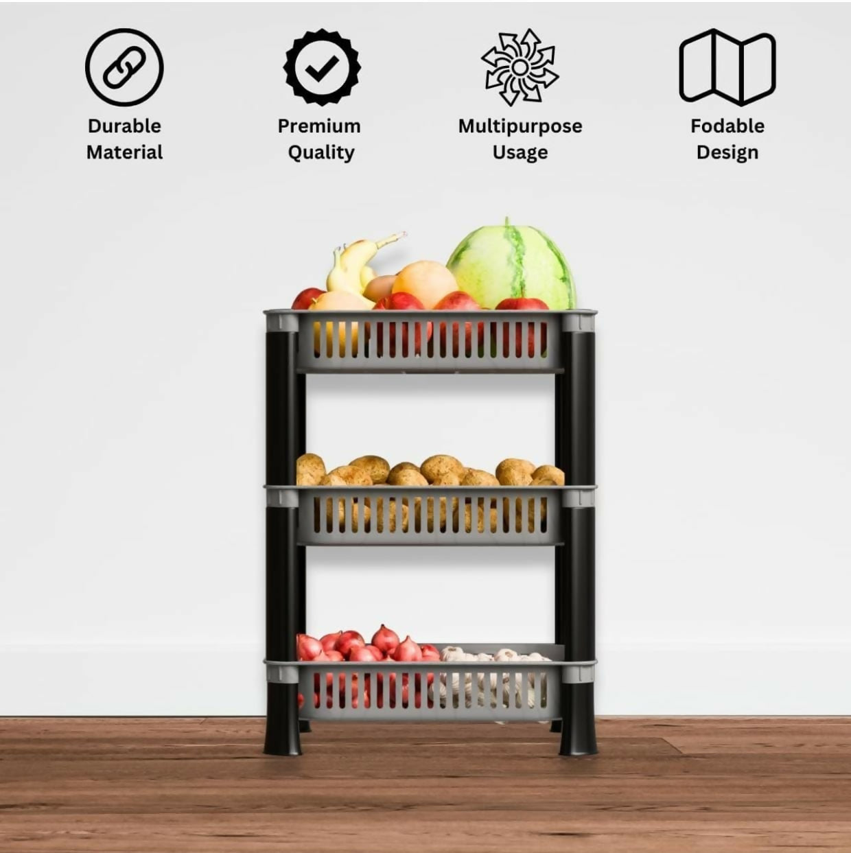 Foldable 3-tier kitchen storage rack with elegant daisy design for multipurpose organisation