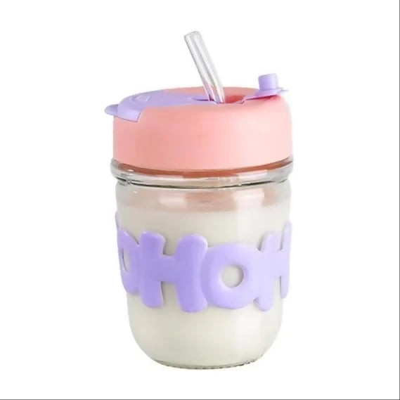 HOHO Cute Glass Milk Jar with Straw & Silicone Lid | 350ml Leakproof Reusable Mason Tumbler | Aesthetic Smoothie & Juice Cup for Kids & Adults | Pastel Purple Silicone Sleeve | 12cm x 7cm | Eco-Friendly Drinkware