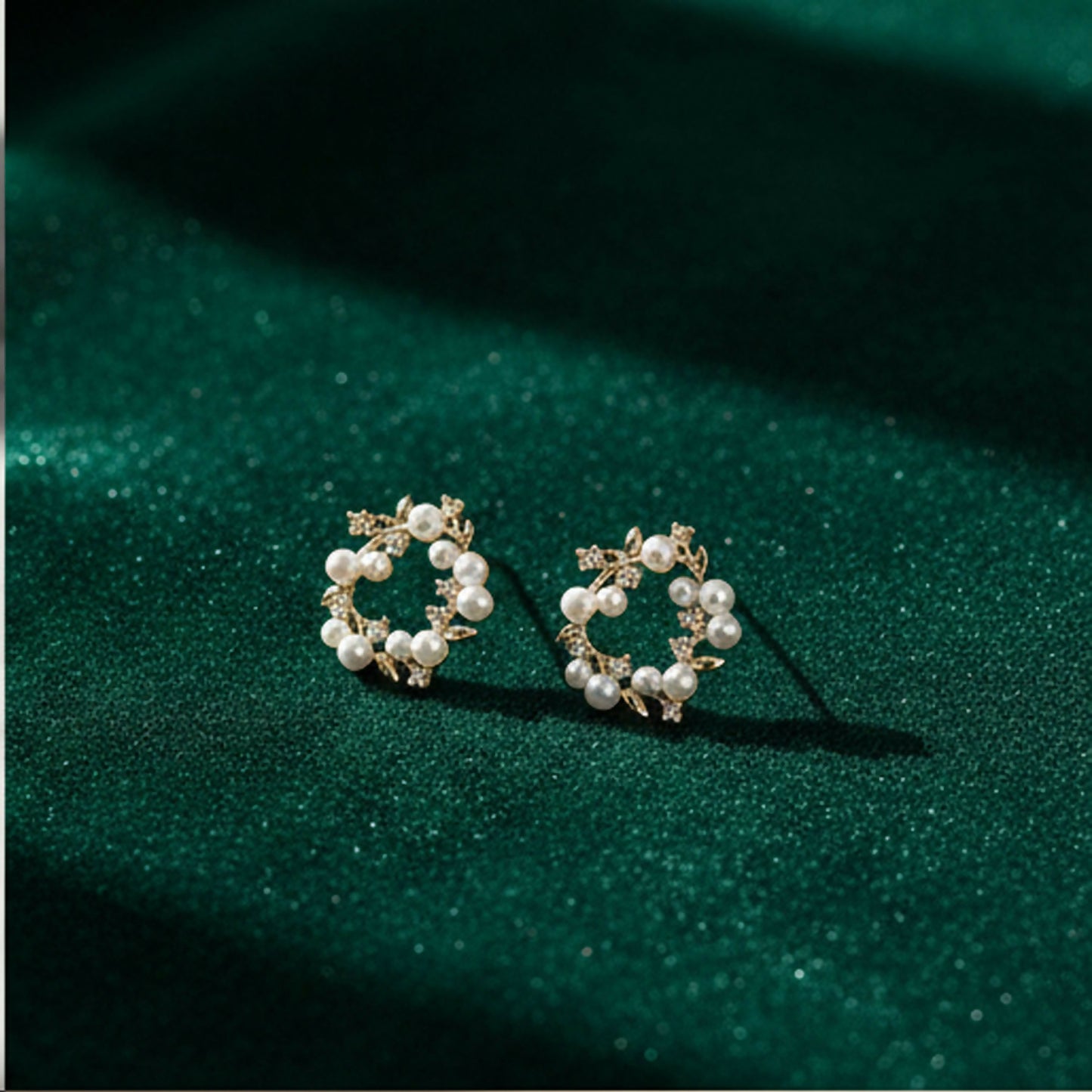 Elegant pearl wreath stud earrings with 14K gold finish