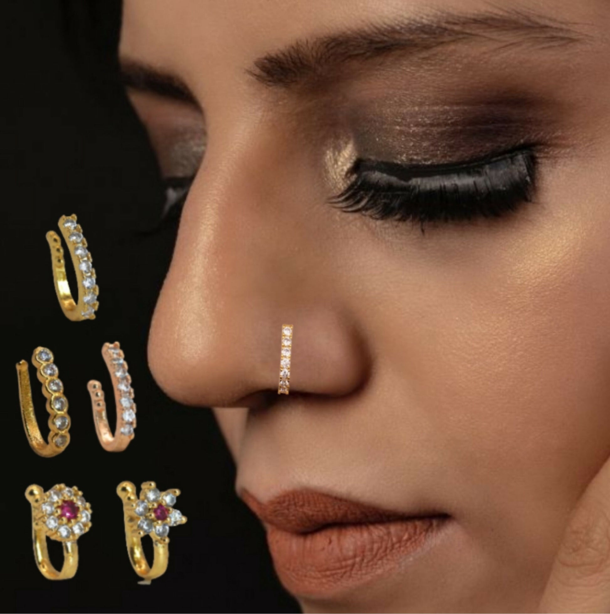 CZ Flower & Line Non-Piercing Nose Ring/Nath Combo Set Combo Pack of 5