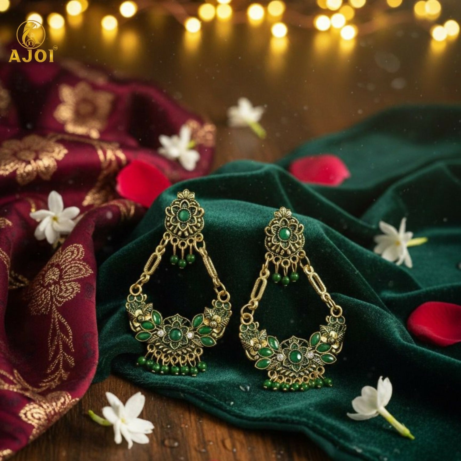Antique Gold-Plated Green Stone Floral Chandbali Earrings for Women