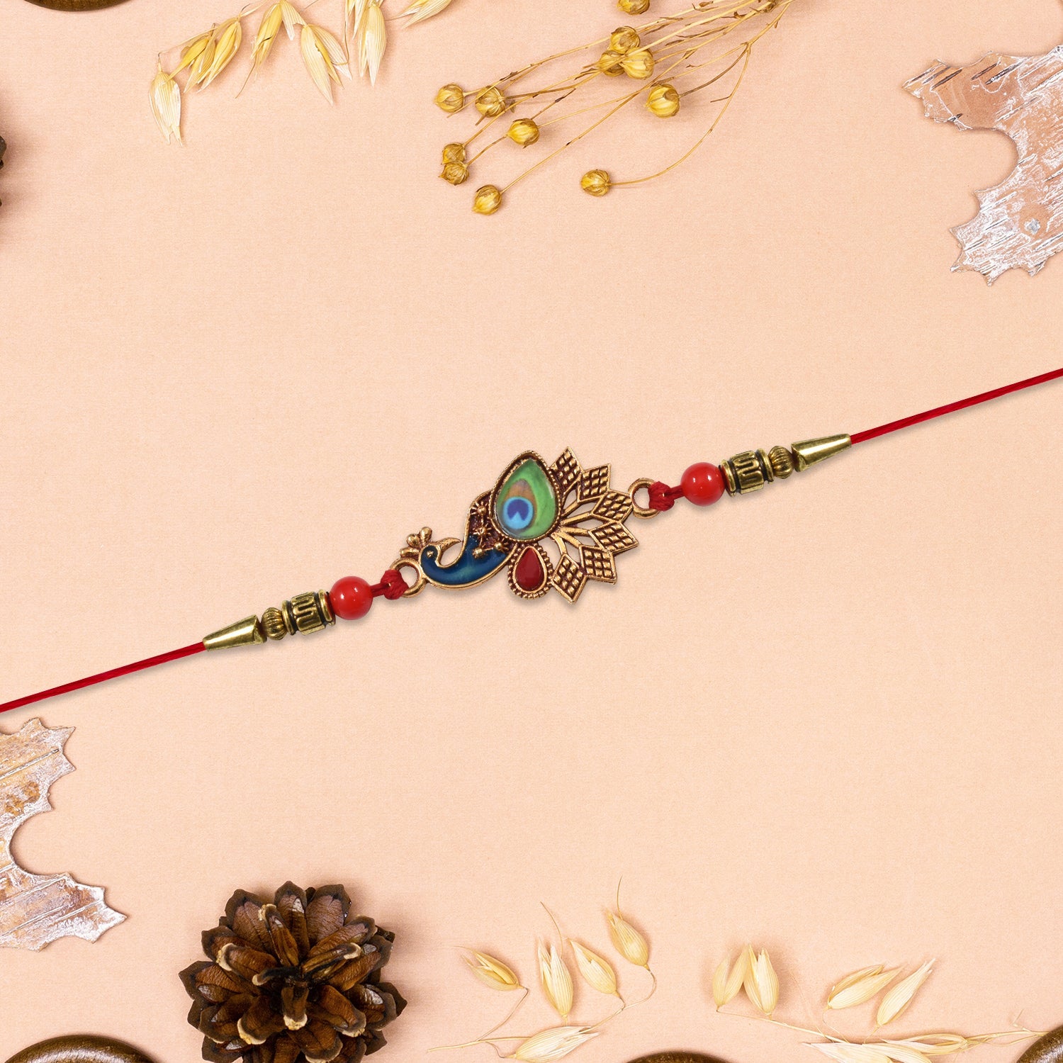 Peacock Rakhi, Vibrant Enamel & Beadwork Design (5pcs)