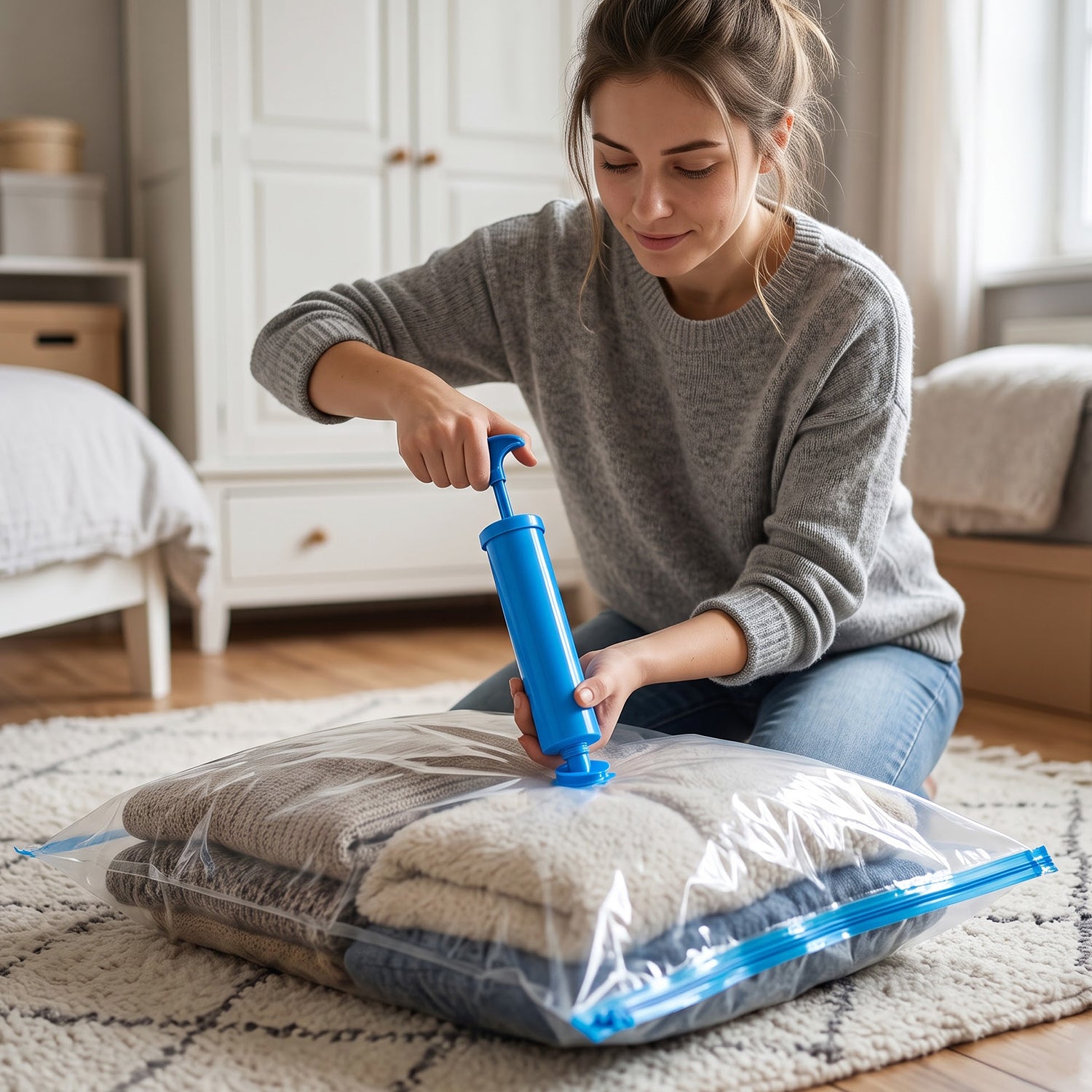 A woman kneels on a rug, using a blue hand pump to compress clothes inside a clear vacuum storage bag.