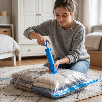 A woman kneels on a rug, using a blue hand pump to compress clothes inside a clear vacuum storage bag.