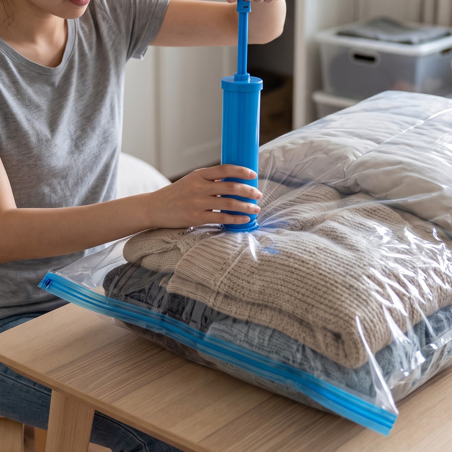 A person uses a blue hand pump to compress folded clothes inside a clear vacuum storage bag on a wooden table.