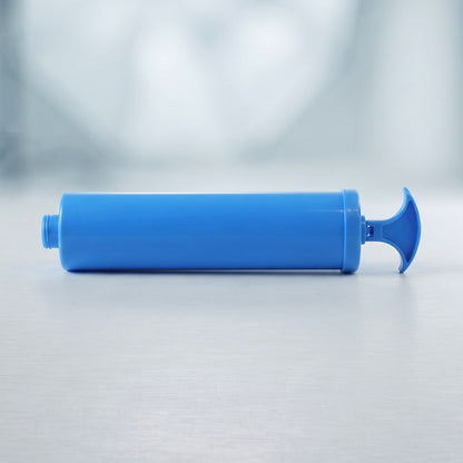 A blue plastic hand pump with a small handle and nozzle is shown horizontally on a light surface.