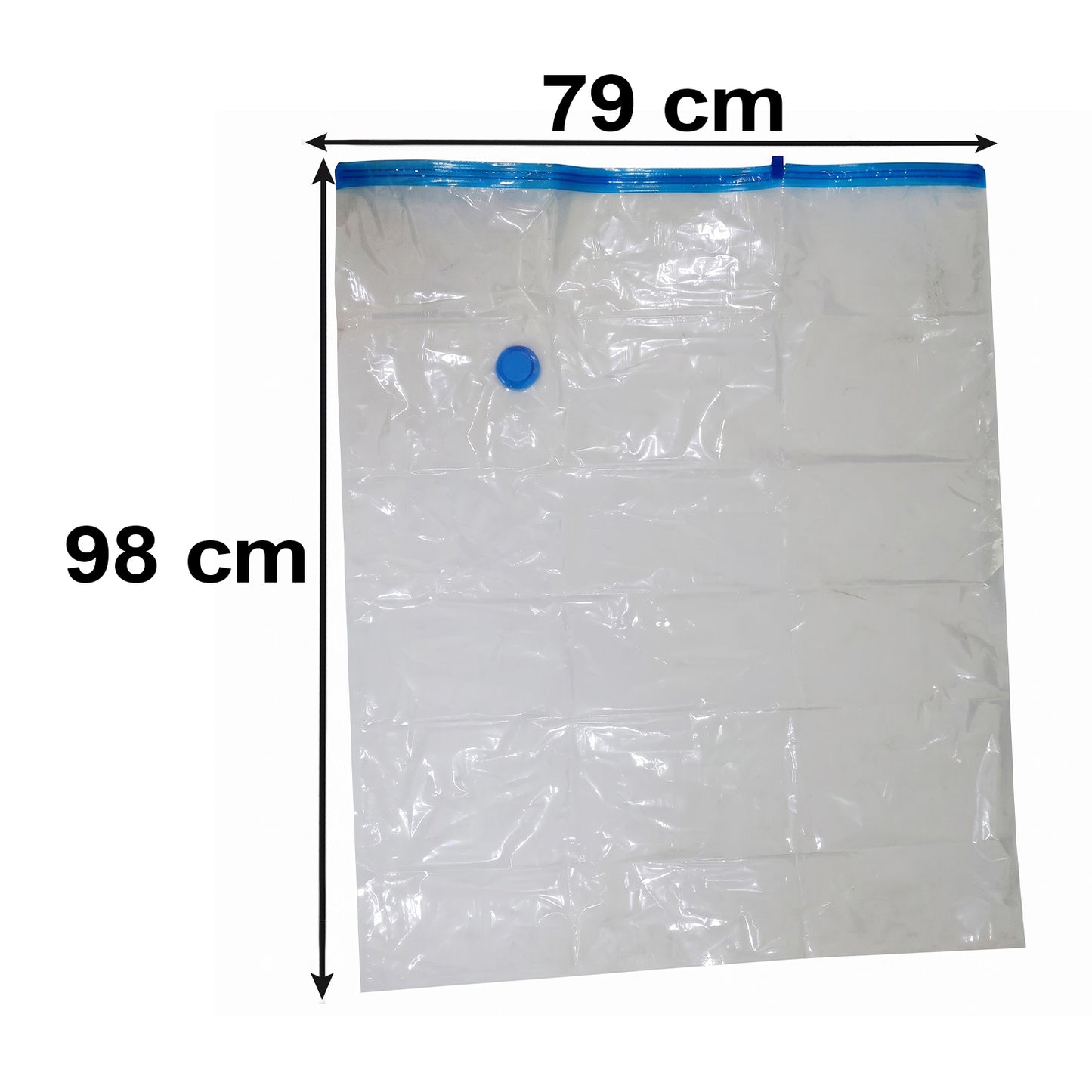 A clear vacuum storage bag with blue trim and a blue valve, showing dimensions of 79 cm by 98 cm.