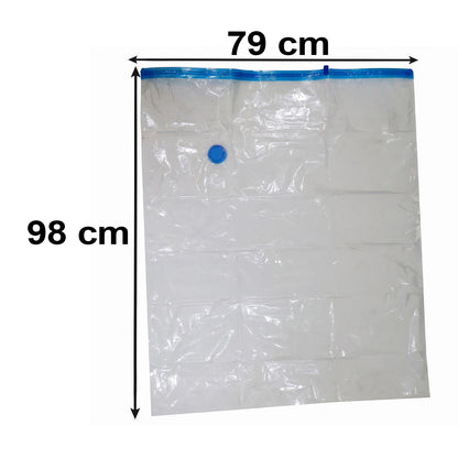 A clear vacuum storage bag with blue trim and a blue valve, showing dimensions of 79 cm by 98 cm.