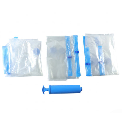 Three clear vacuum storage bags with blue accents and a blue hand pump are displayed against a white background.