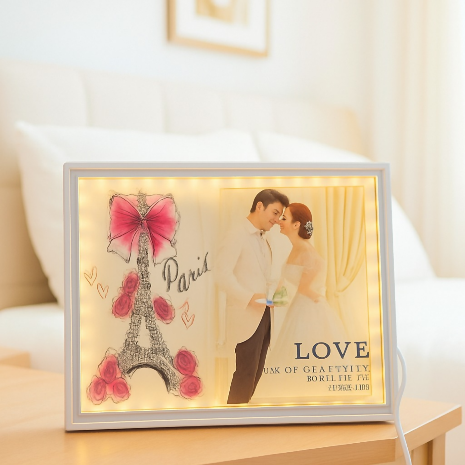 Romantic Paris-Themed LED Photo Frame with Eiffel Tower & Rose Art | Warm Light Illuminated Couple Picture Frame for Anniversary, Wedding & Valentine Gift | USB Powered Tabletop Love Photo Lamp for Bedroom & Home Decor