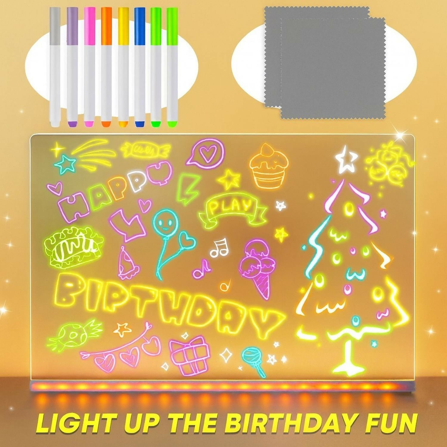 LED Message Writing Board 8x8 Inch with 6 Neon Color Markers, USB Powered Light Up Drawing Pad with Erasable Acrylic Surface for Kids, Birthday Parties, Restaurants, Cafés & Home Décor