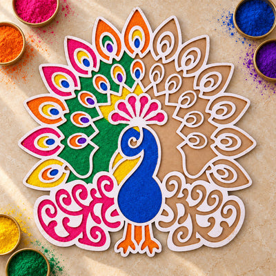 Peacock Rangoli Stencil Board for Diwali, Puja and Colorful Festival Decoration
