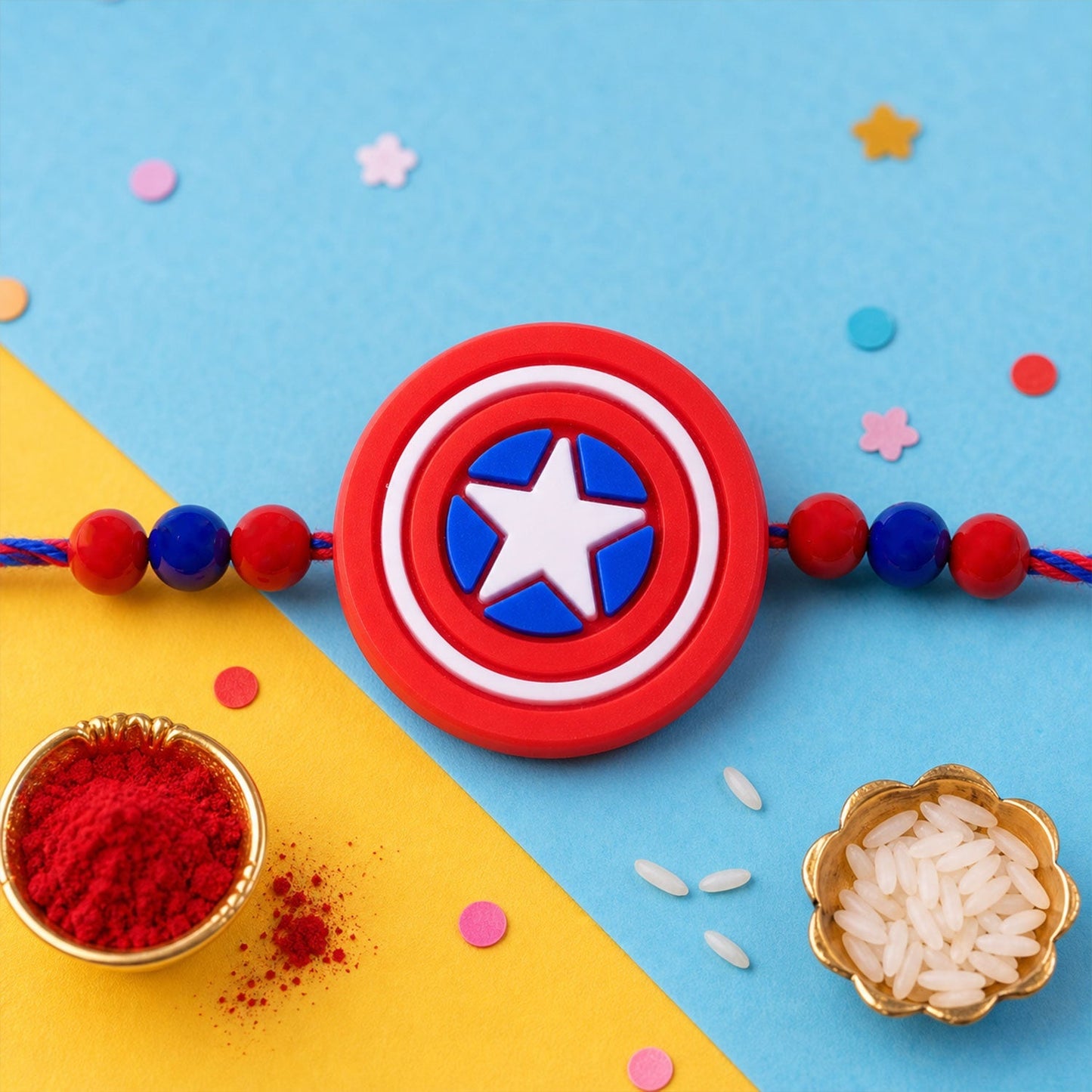 Superhero Shield Kids Rakhi with Playful Beaded Detailing Work (10pcs)
