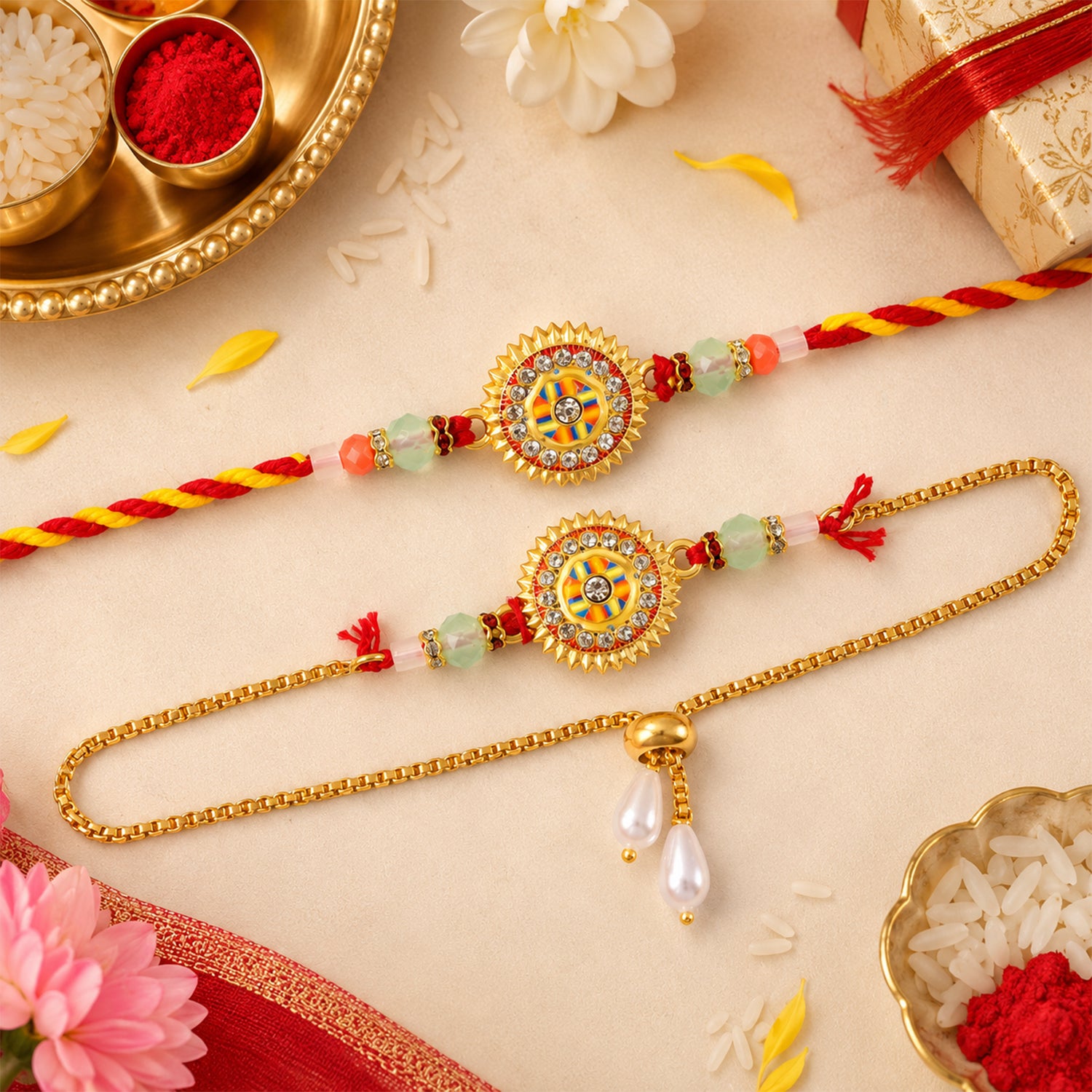 Round Mandala Stone Bhai Bhabhi Lumba Rakhi with Pearl Chain Detail